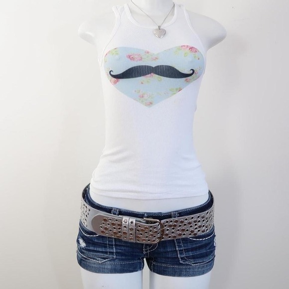 Tops - 2010s floral mustache heart graphic tank white ribbed tumblr baby tee